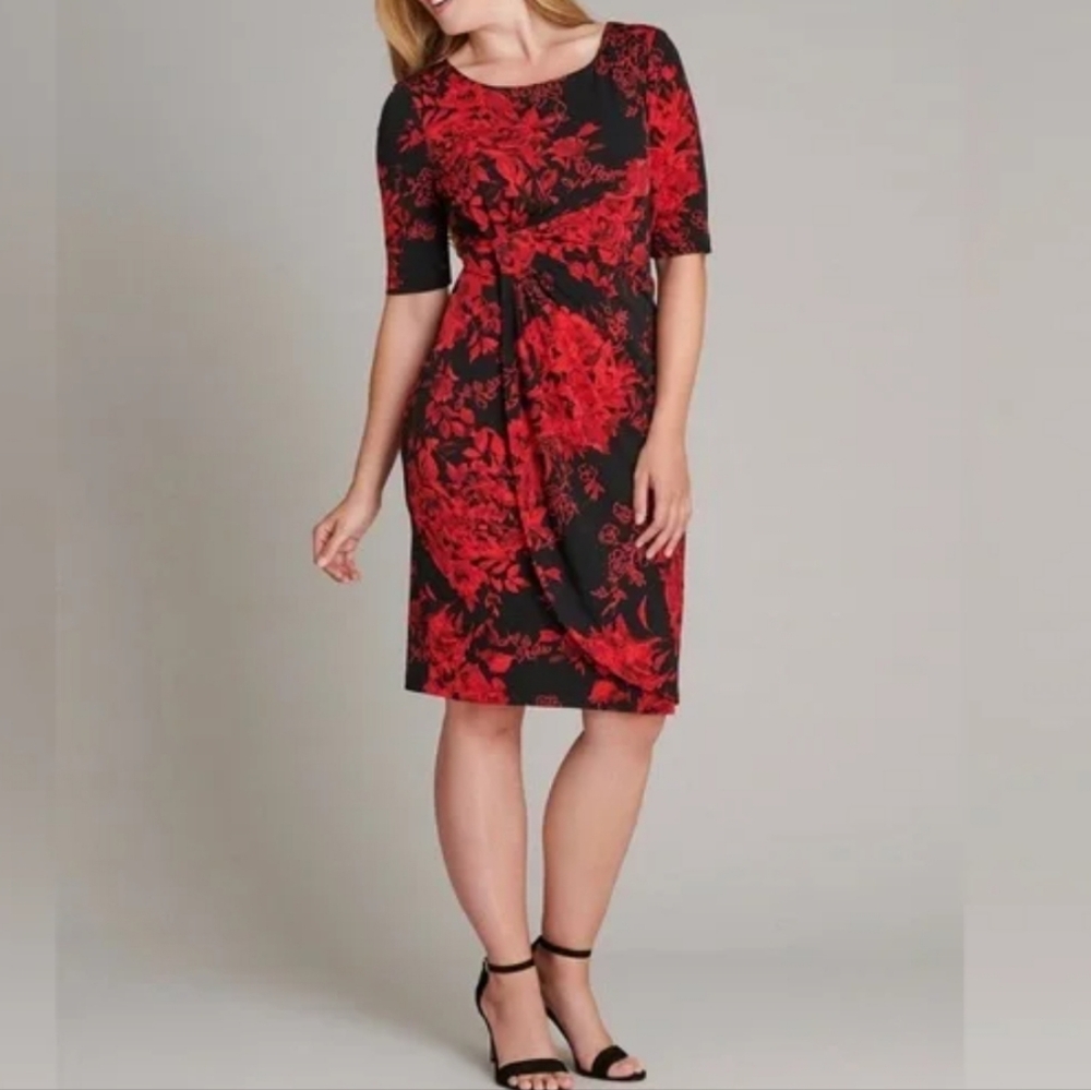 connected apparel Red and Black Floral Sheath Dress